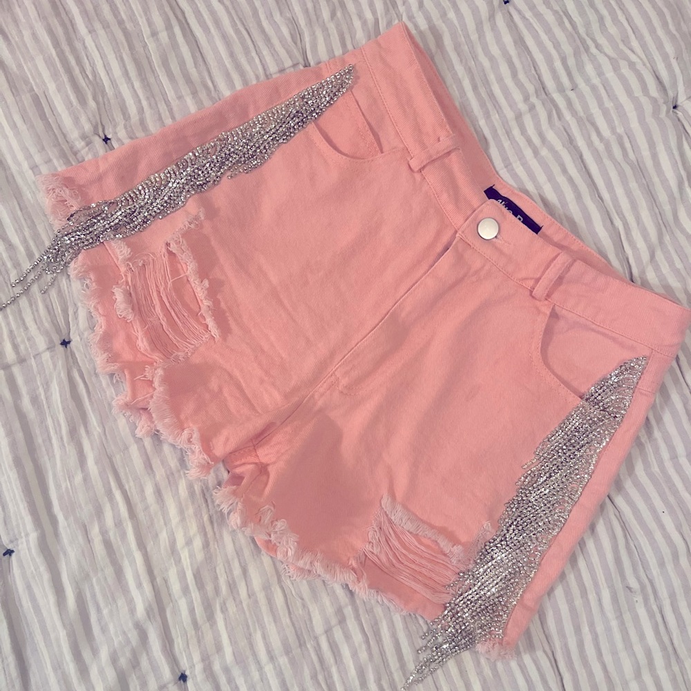 Women’s Pink Denim Jean Shorts with Rhinestone Trim